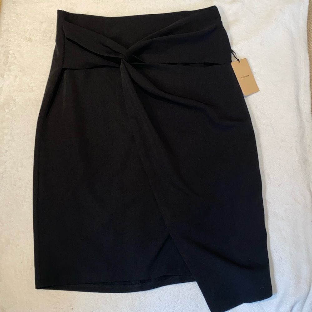 NWT Twist Front knee length asymmetrical black pencil skirt Sz L - Picture 4 of 11